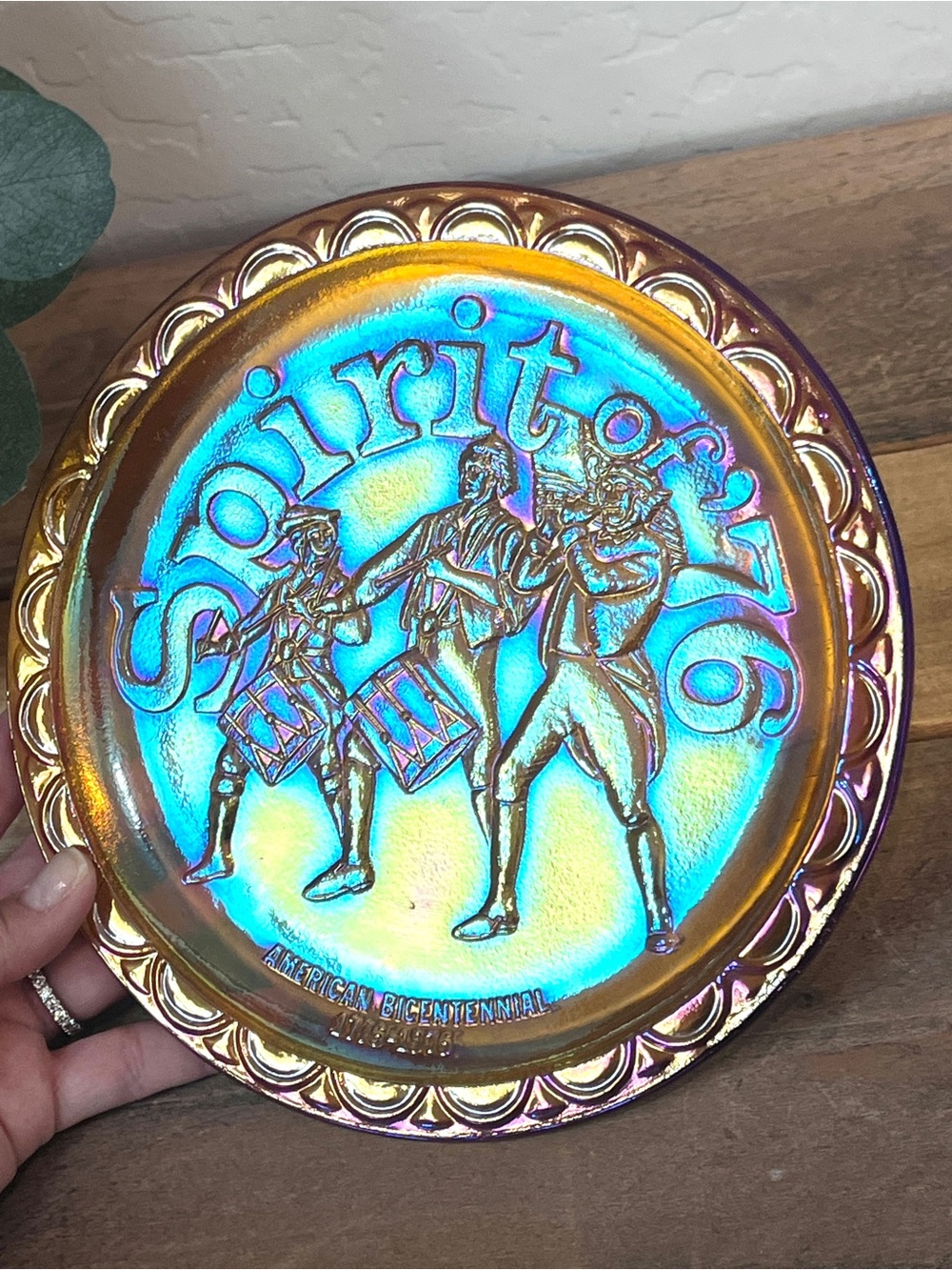 Vintage Indiana Glass Blue Carnival Glass Spirit of 76 Bicentennial Plate 8"